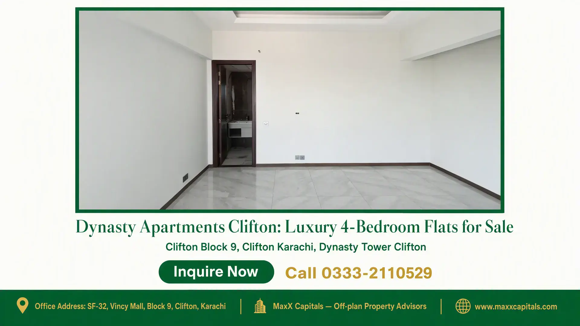 Dynasty Apartments Clifton: Luxury 4-Bedroom Flats for Sale Spacious marble-floored room with modern ceiling design and attached bathroom in Dynasty Apartments Clifton.