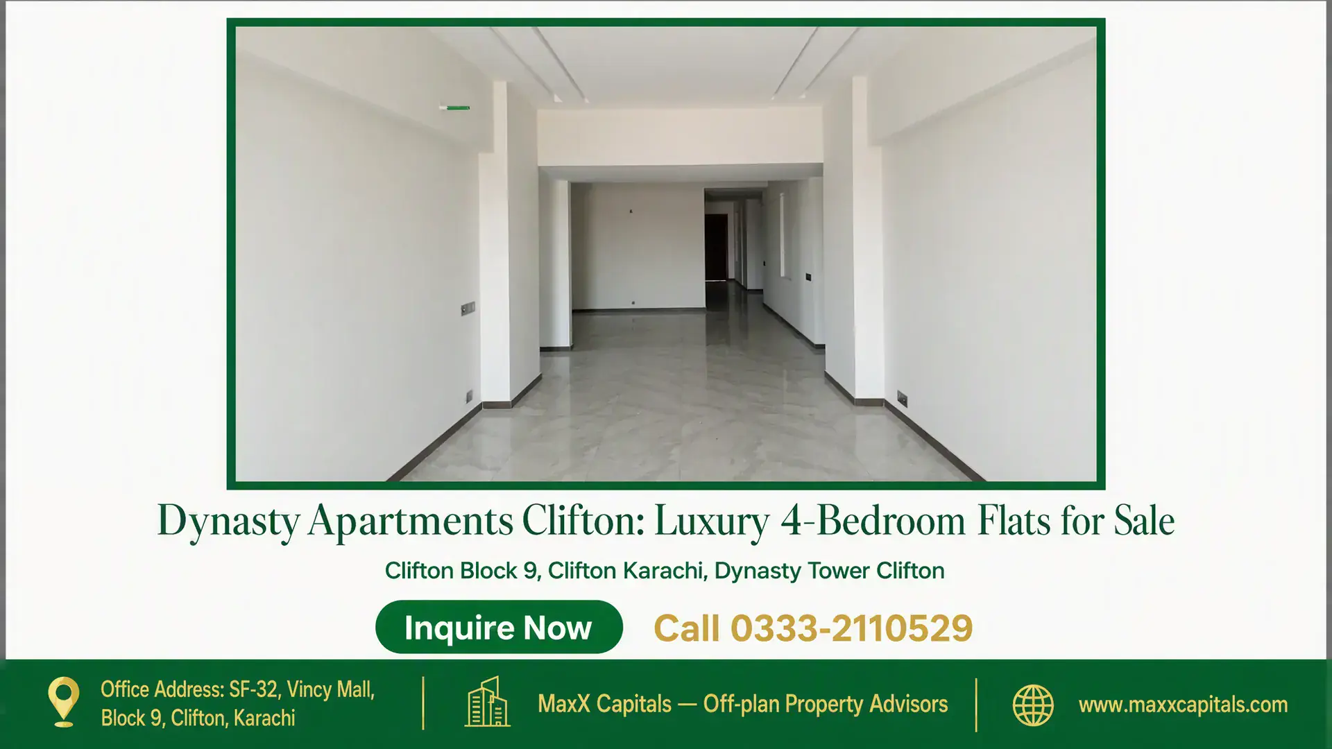 Dynasty Apartments Clifton: Luxury 4-Bedroom Flats for Sale Spacious living area with marble flooring and natural light at Dynasty Apartments Clifton.