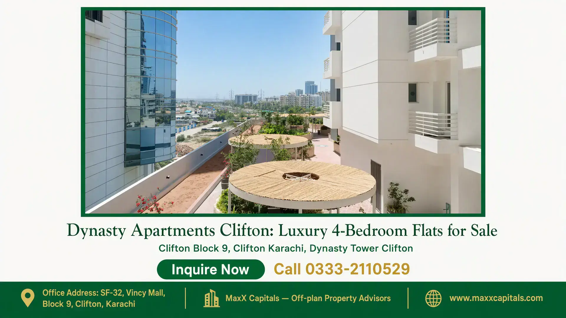 Dynasty Apartments Clifton: Luxury 4-Bedroom Flats for Sale Modern apartment exterior view with white walls, circular wooden gazebos, landscaped greenery, and a clear blue sky at Dynast