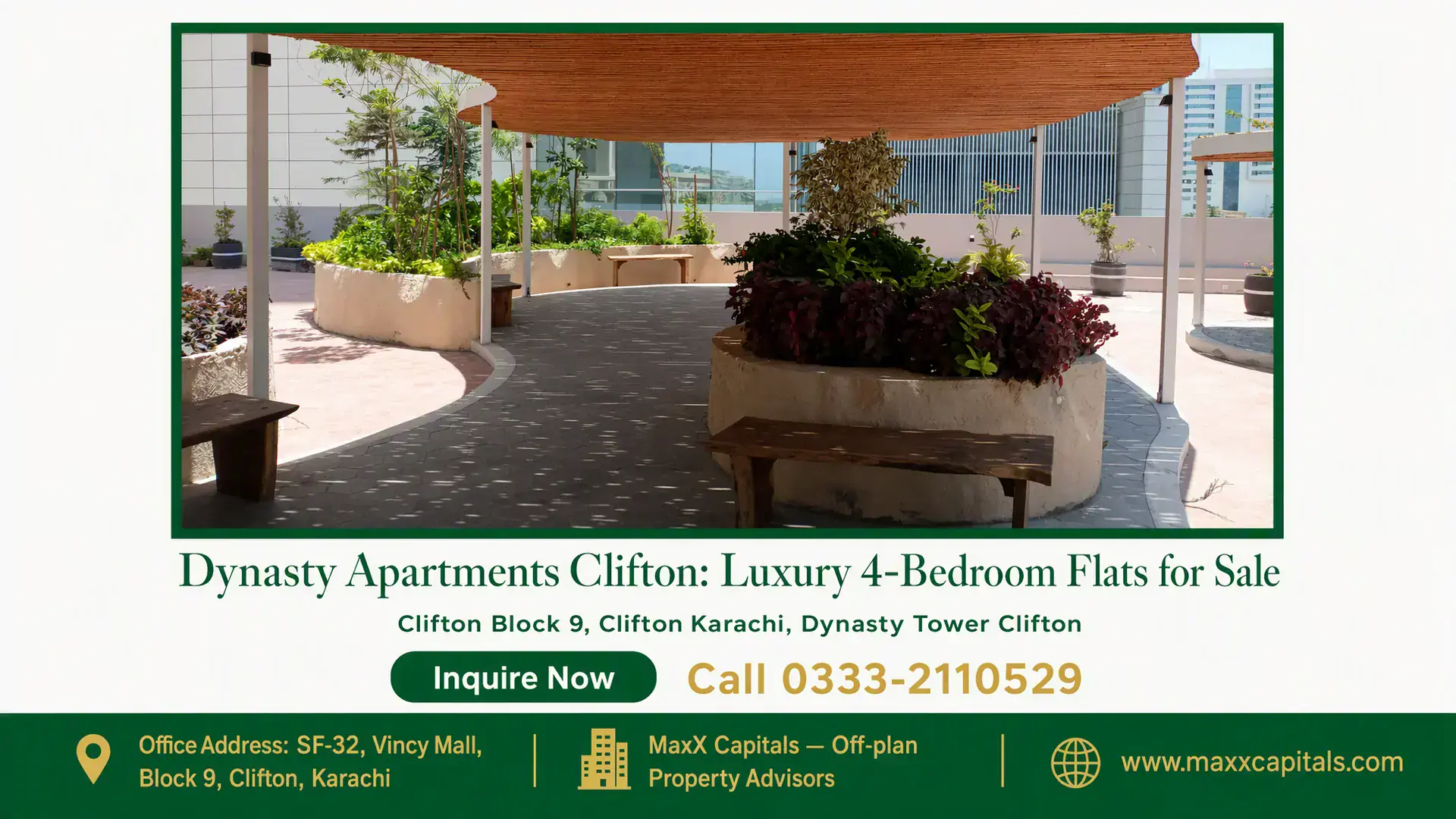 Dynasty Apartments Clifton: Luxury 4-Bedroom Flats for Sale Covered walkway with curved planters and lush greenery at Dynasty Apartments Clifton, featuring seating areas and urban views
