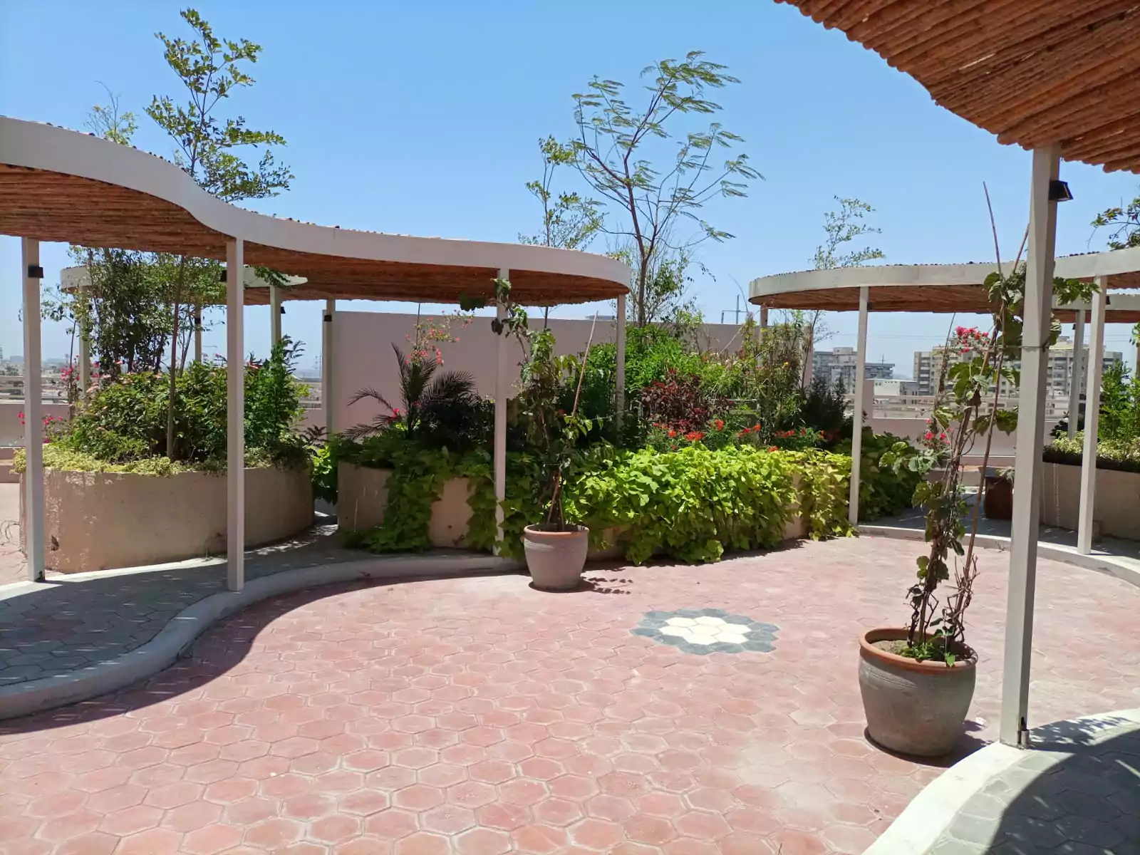 Dynasty Apartments Clifton Luxury 4-Bedroom Flats for Sale in Karachi (8) Rooftop terrace at Dynasty Apartments Clifton with curved shaded pergolas, lush greenery, potted plants, and red brick floori