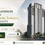 Metro Twin Tower Flat For Sale In Clifton Karachi, Twin High-Rise Towers With Modern Balconies And Podium Entrance