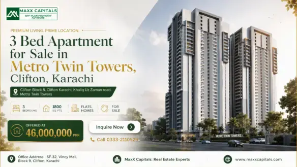 Metro Twin Tower Flat For Sale In Clifton Karachi, Twin High-Rise Towers With Modern Balconies And Podium Entrance