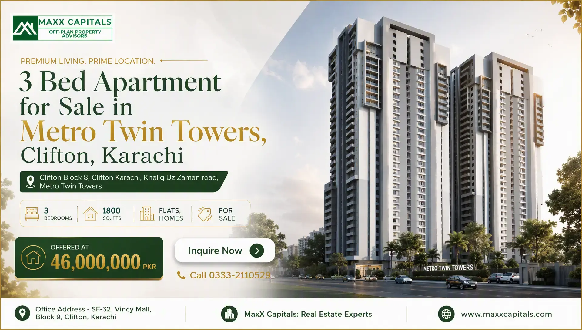 3 Bed Apartment for Sale in Metro Twin Towers, Clifton, Karachi Metro Twin Tower flat for sale in Clifton Karachi, twin high-rise towers with modern balconies and podium entrance