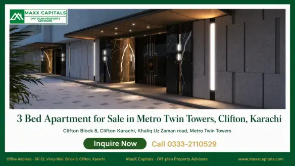 Metro Twin Towers flat for sale with illuminated marble entrance, modern facade, and landscaped forecourt in Clifton