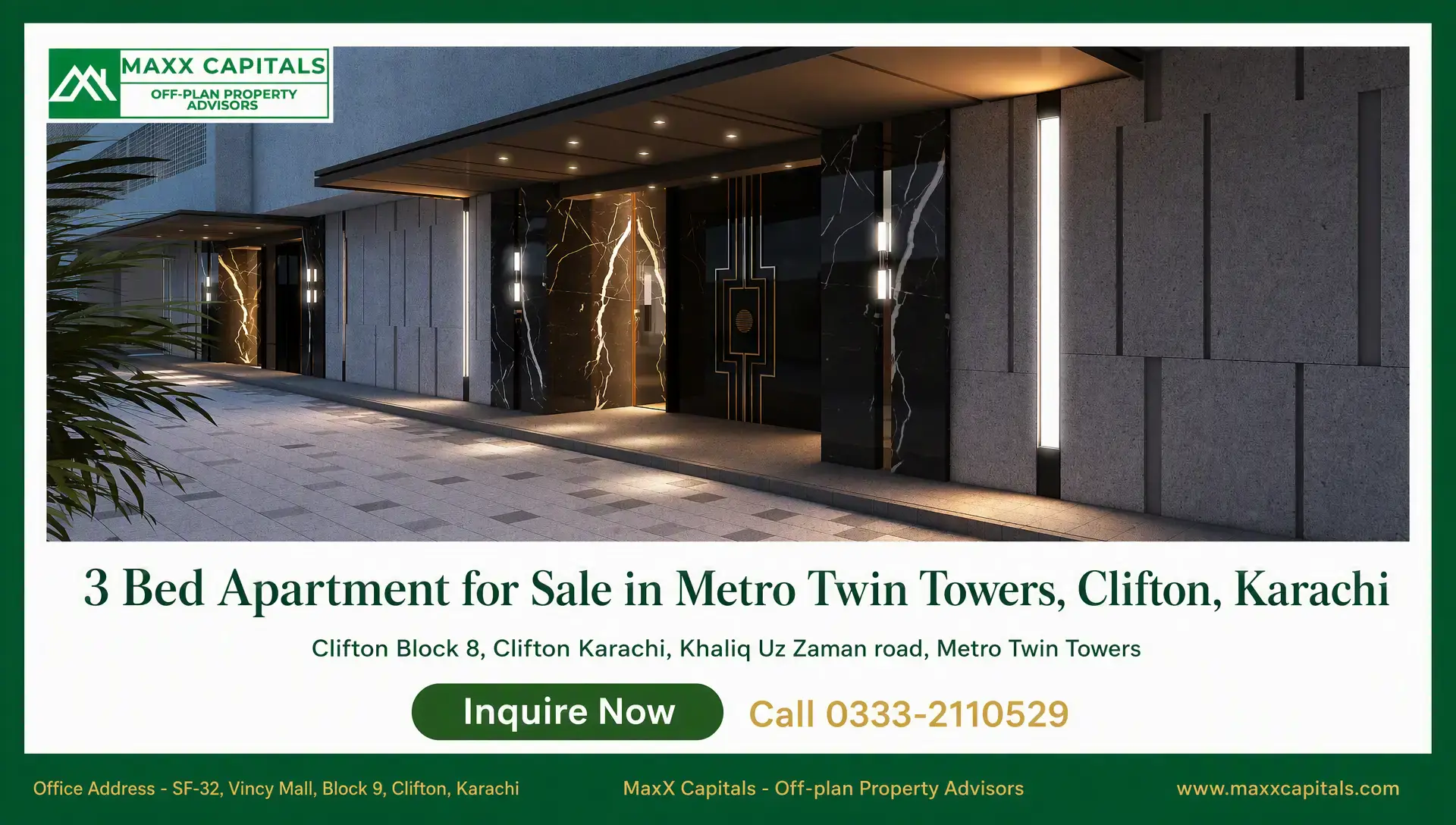 3 Bed Apartment for Sale in Metro Twin Towers, Clifton, Karachi Metro Twin Towers flat for sale with illuminated marble entrance, modern facade, and landscaped forecourt in Clifton