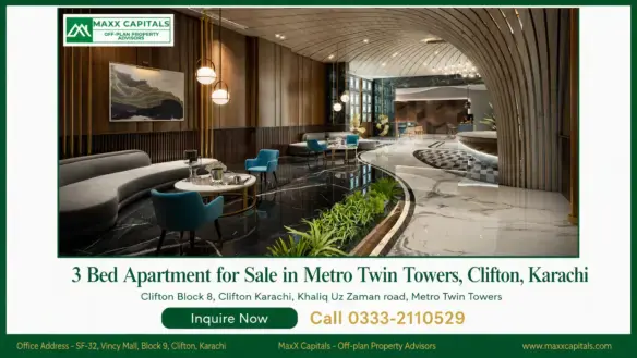 Luxury lobby lounge in Metro Twin Towers flat for sale with curved seating, marble flooring, and warm wood finishes
