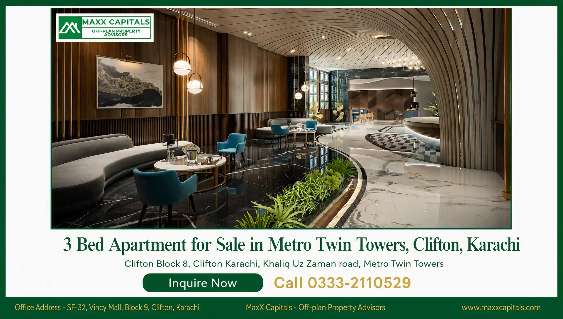 3 Bed Apartment for Sale in Metro Twin Towers, Clifton, Karachi Luxury lobby lounge in Metro Twin Towers flat for sale with curved seating, marble flooring, and warm wood finishes