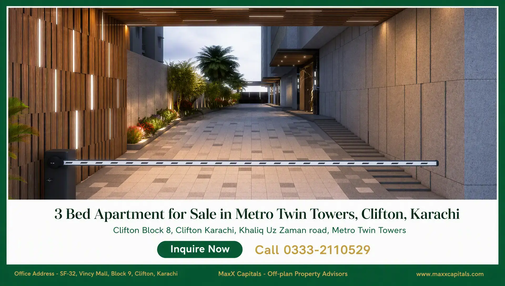 3 Bed Apartment for Sale in Metro Twin Towers, Clifton, Karachi Luxury metro twin tower flat for sale entrance driveway with stone paving, wood cladding and landscape lighting