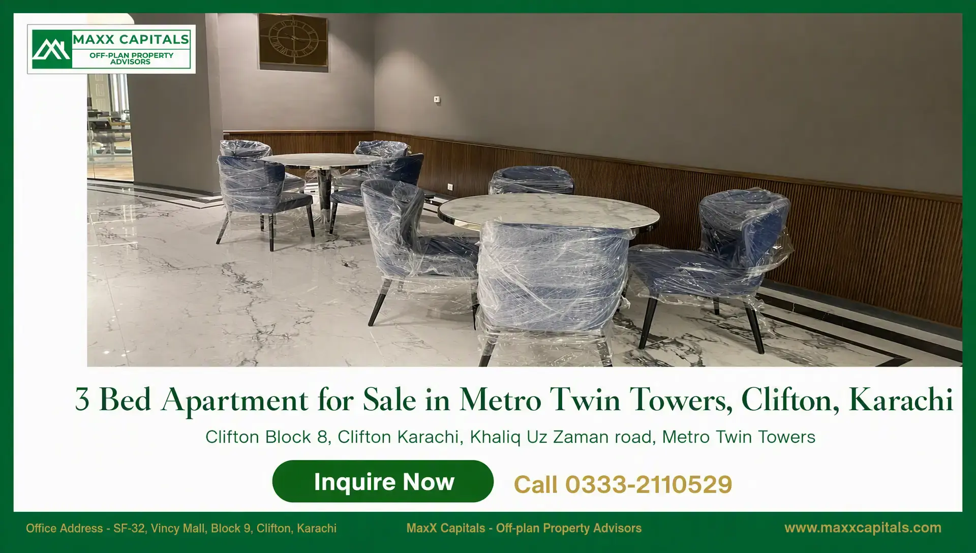 3 Bed Apartment for Sale in Metro Twin Towers, Clifton, Karachi Metro Twin Towers flat for sale lounge with marble flooring, round tables, and wrapped chairs