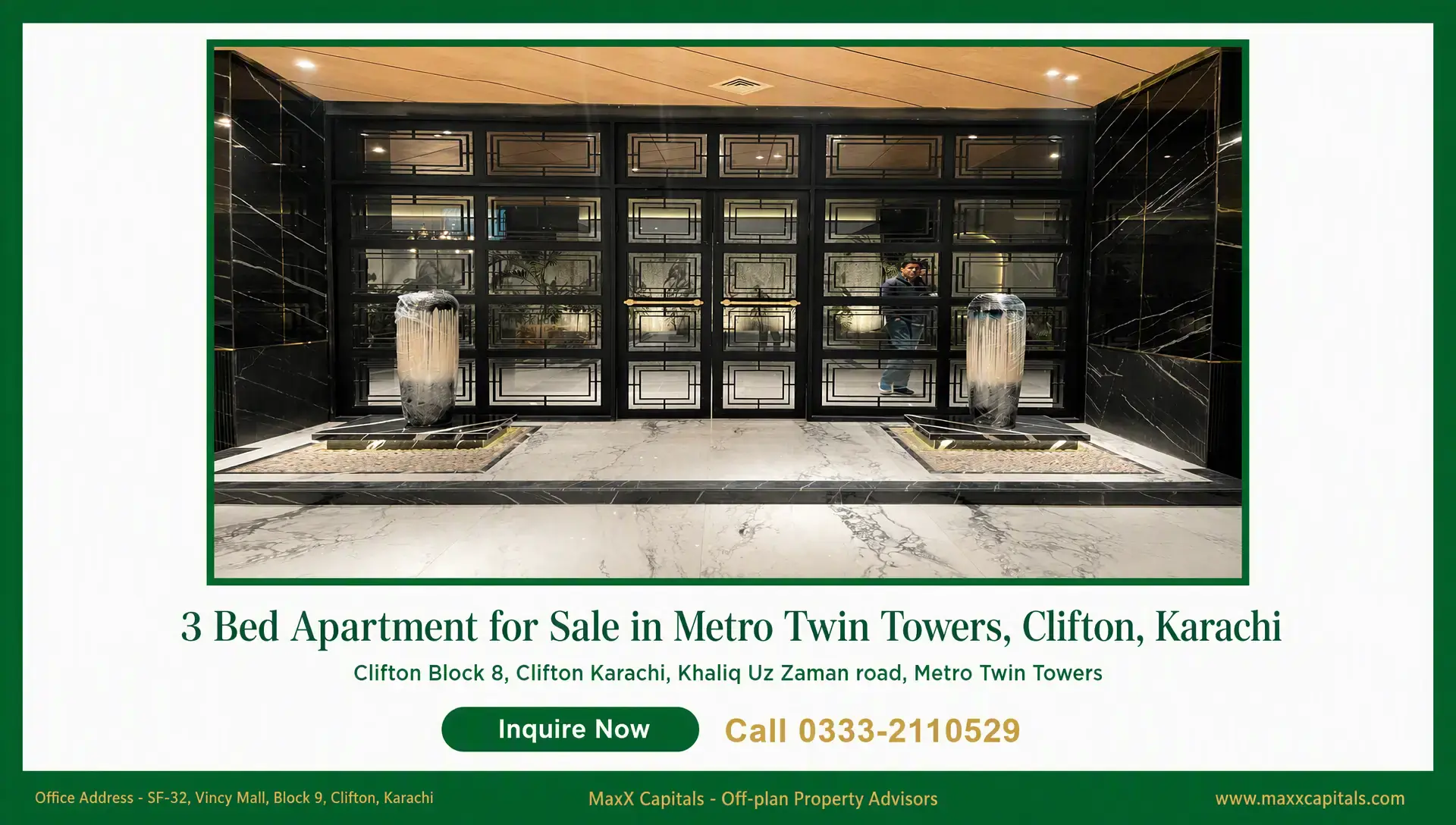 3 Bed Apartment for Sale in Metro Twin Towers, Clifton, Karachi Metro Twin Towers flat for sale entrance with black marble cladding, geometric glass doors, and polished stone flooring