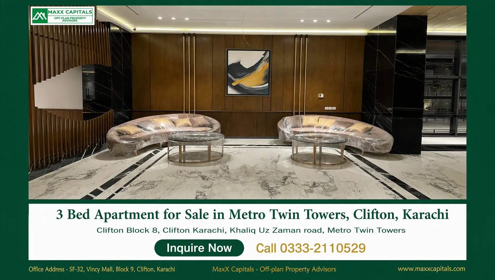 3 Bed Apartment for Sale in Metro Twin Towers, Clifton, Karachi Metro Twin Tower flat for sale lobby with marble flooring, curved seating, wood wall panels, and glass accents