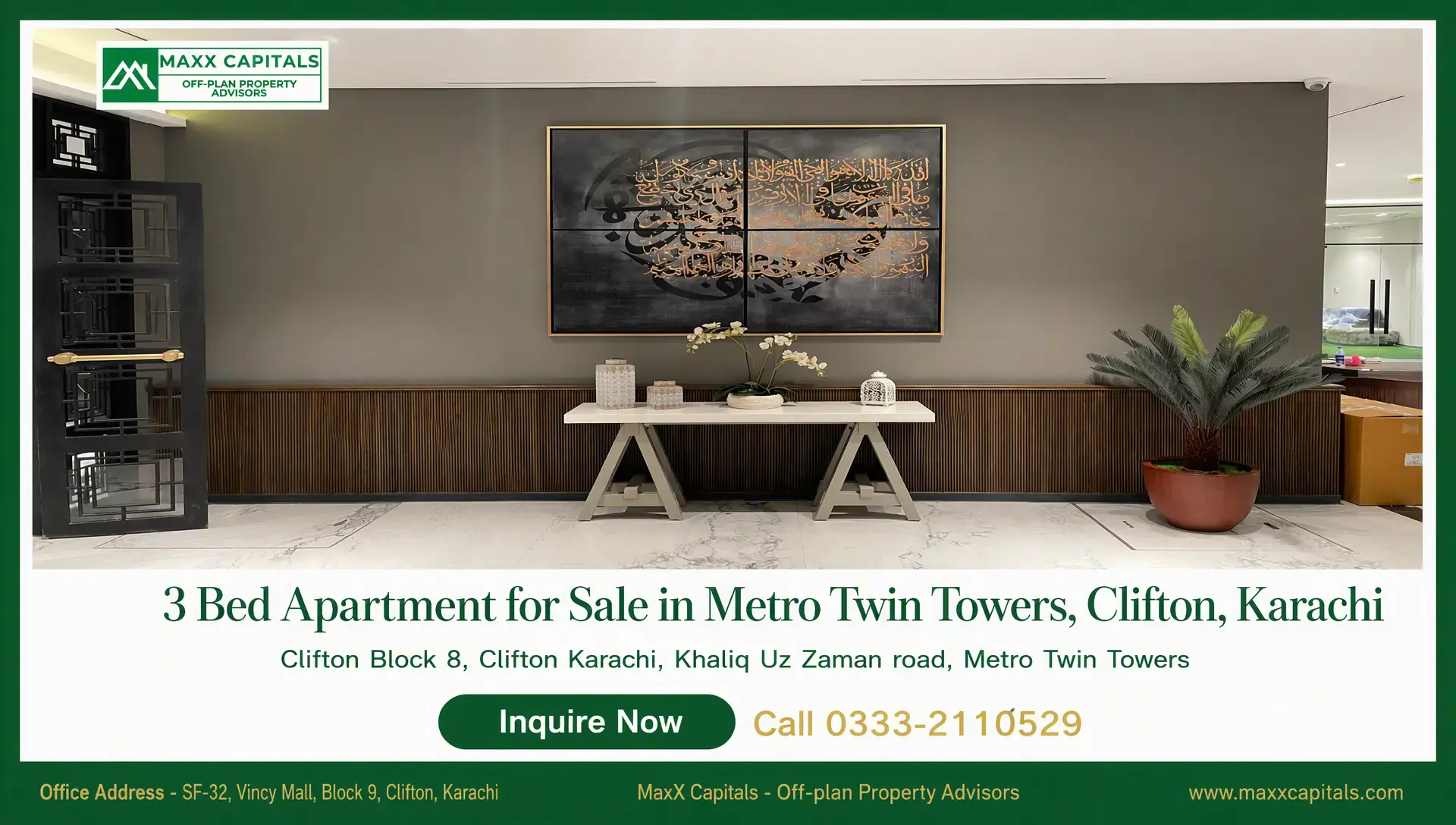 3 Bed Apartment for Sale in Metro Twin Towers, Clifton, Karachi Elegant Metro Twin Towers flat lobby wall with framed calligraphy, console table, marble flooring, and indoor plant