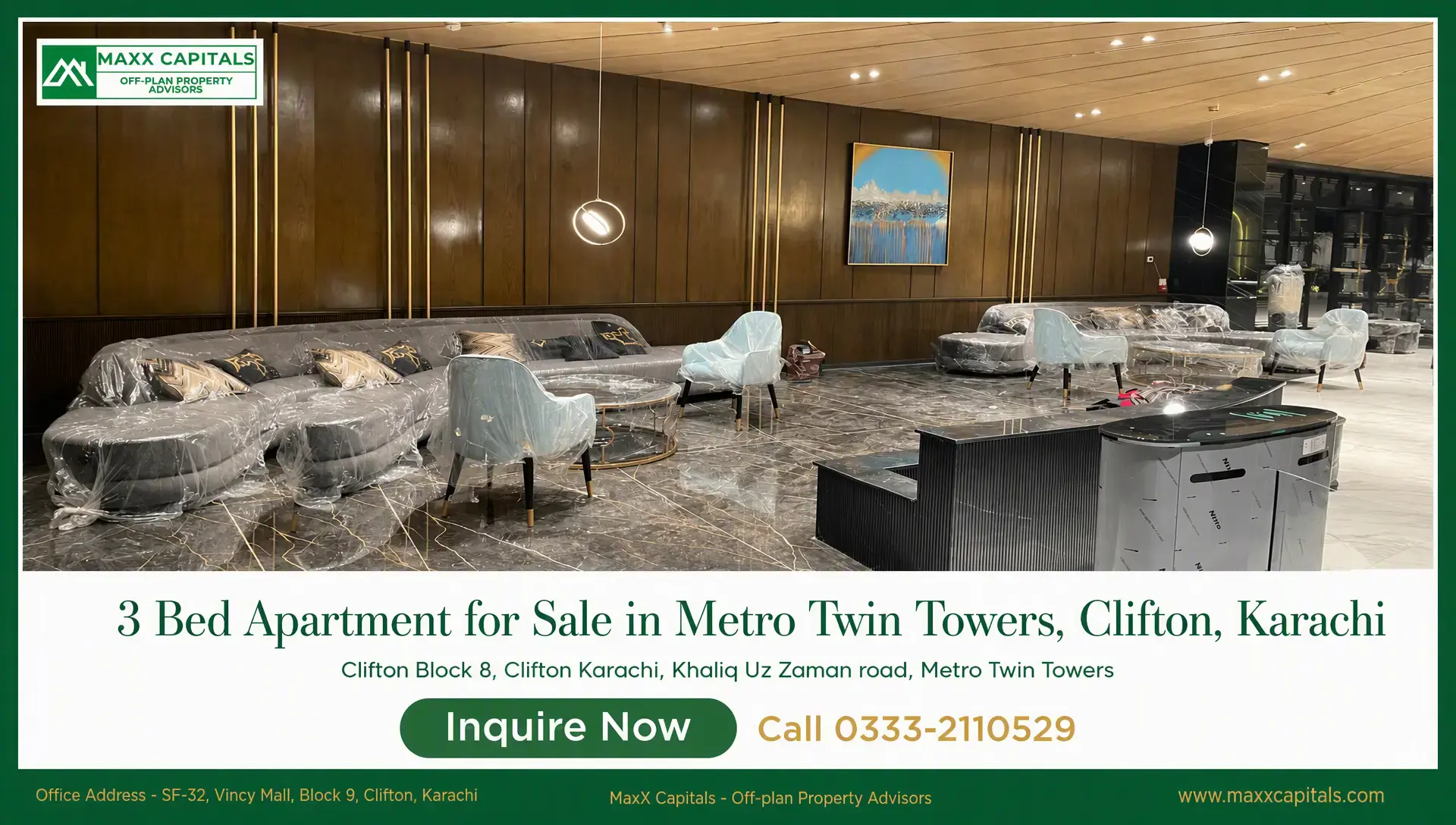 3 Bed Apartment for Sale in Metro Twin Towers, Clifton, Karachi Metro Twin Towers lounge area with marble flooring, wood-paneled walls, pendant lighting, and seating in a metro twin tower f