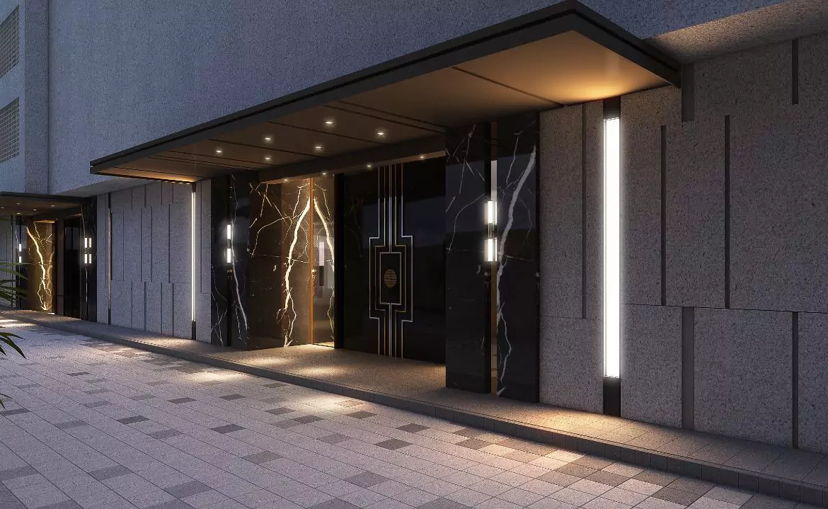 Luxurious 3-Bedroom Apartments For Sale in Metro Twin Towers, Clifton Maxx Capitals (9) Elegant entrance foyer in Metro Twin Towers 3-bedroom apartment with large abstract Arabic art, wooden console table, orchids