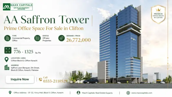 Maxx Capitals Aa Saffron Tower Office Building Render In Clifton Karachi, With Blue Glass Facade And Podium