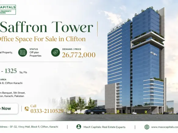 Maxx Capitals Aa Saffron Tower Office Building Render In Clifton Karachi, With Blue Glass Facade And Podium