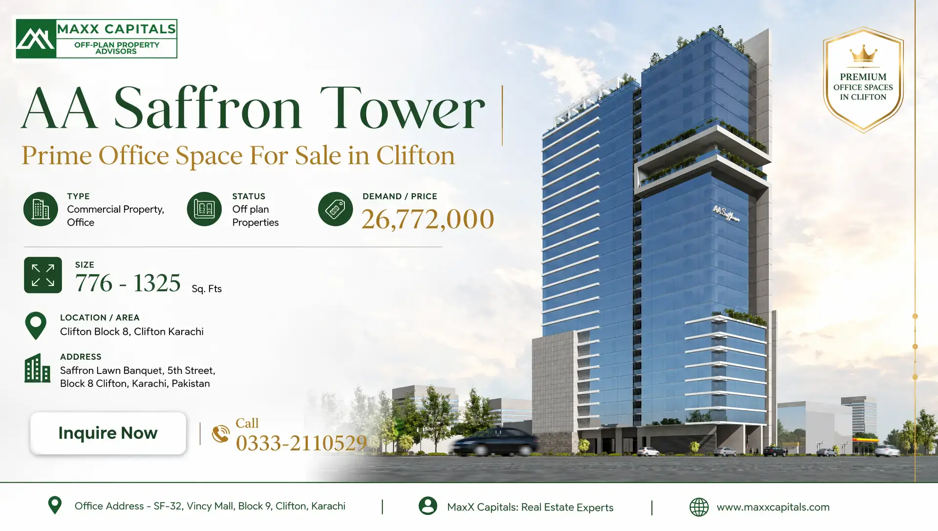 AA Saffron Tower | Prime Office Space For Sale in Clifton MaxX Capitals AA Saffron Tower office building render in Clifton Karachi, with blue glass facade and podium