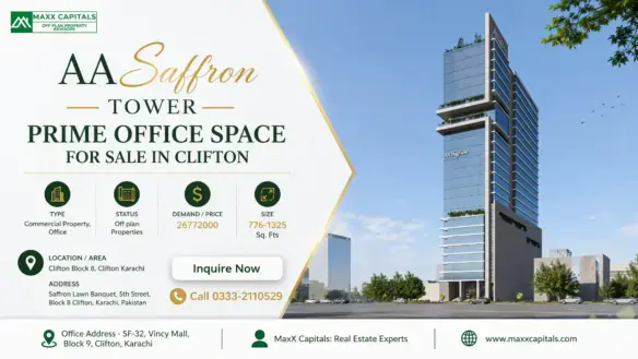 AA Saffron Tower office building rendering in Clifton, Karachi, with MaxX Capitals branding