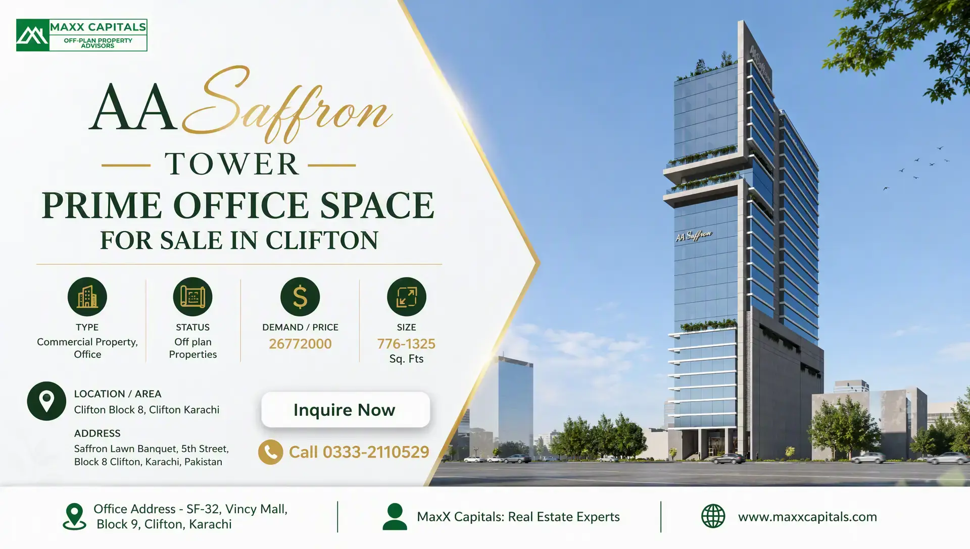 AA Saffron Tower | Prime Office Space For Sale in Clifton AA Saffron Tower office building rendering in Clifton, Karachi, with MaxX Capitals branding