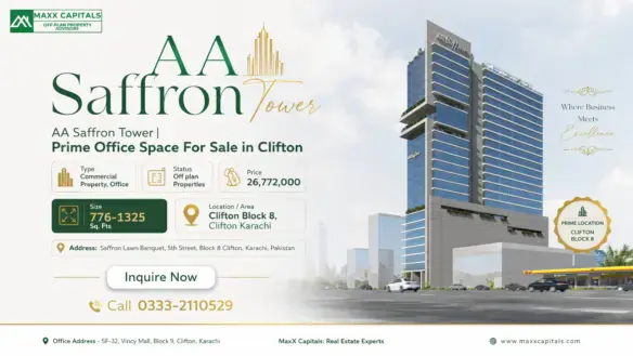 MaxX Capitals AA Saffron Tower office tower rendering in Clifton Karachi, prime office space for sale