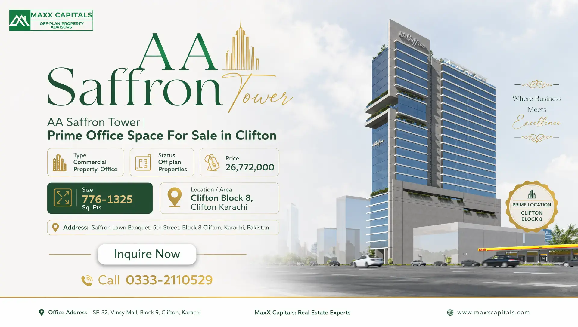 AA Saffron Tower | Prime Office Space For Sale in Clifton MaxX Capitals AA Saffron Tower office tower rendering in Clifton Karachi, prime office space for sale