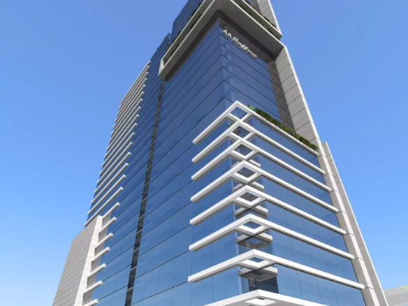 Aa Saffron Tower In Clifton: Modern High-Rise With Glass Facade, Green Terraces, Protruding Levels, And Urban Surroundings