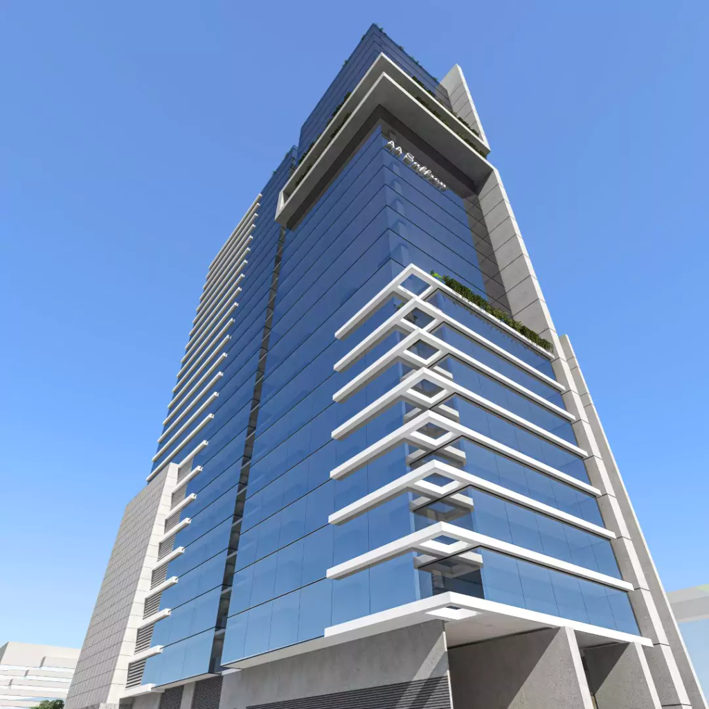 AA Saffron Tower in Clifton: modern high-rise with glass facade, green terraces, protruding levels, and urban surroundings