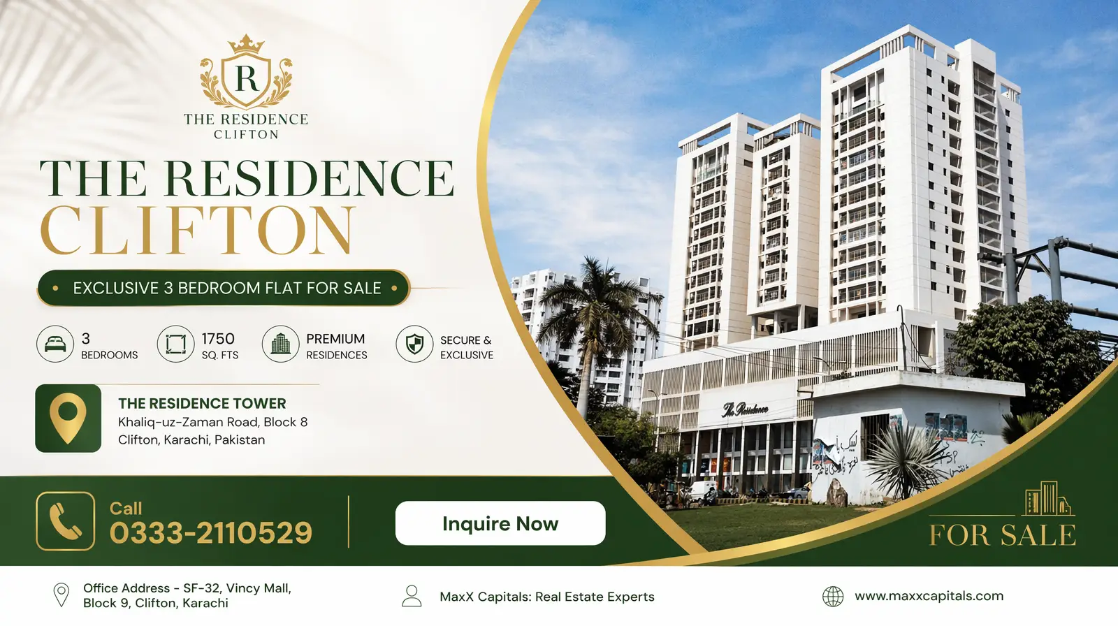 The Residence Tower 3-Bed Luxury Flat for Sale In Clifton Block 8 (1) The Residence Tower Clifton exterior in Karachi, a high-rise luxury flat by MaxX Capitals