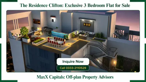 MaxX Capitals rendering of The Residence Tower Clifton luxury flat terrace with lounge, dining and kitchen areas