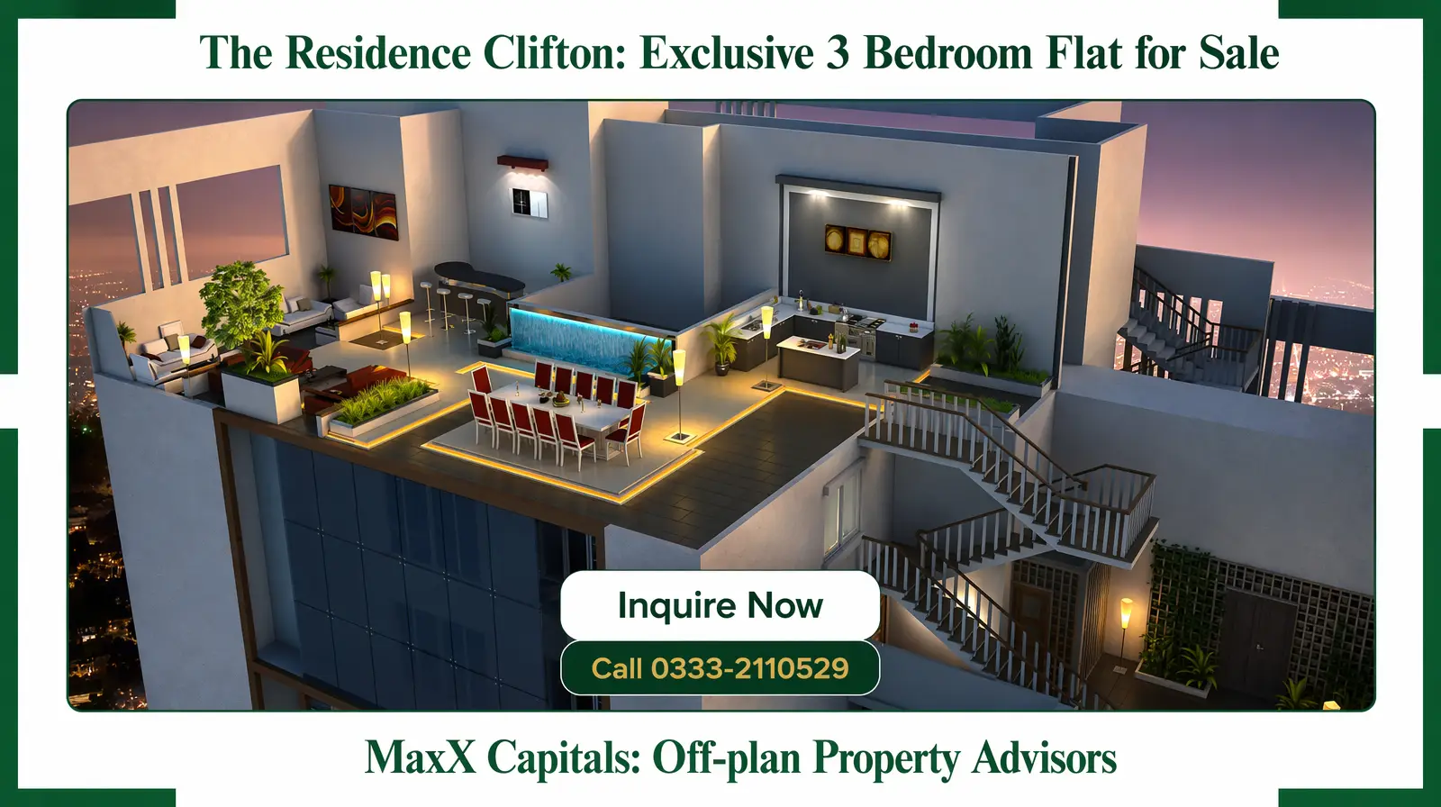 The Residence Tower 3-Bed Luxury Flat for Sale In Clifton Block 8 (2) MaxX Capitals rendering of The Residence Tower Clifton luxury flat terrace with lounge, dining and kitchen areas