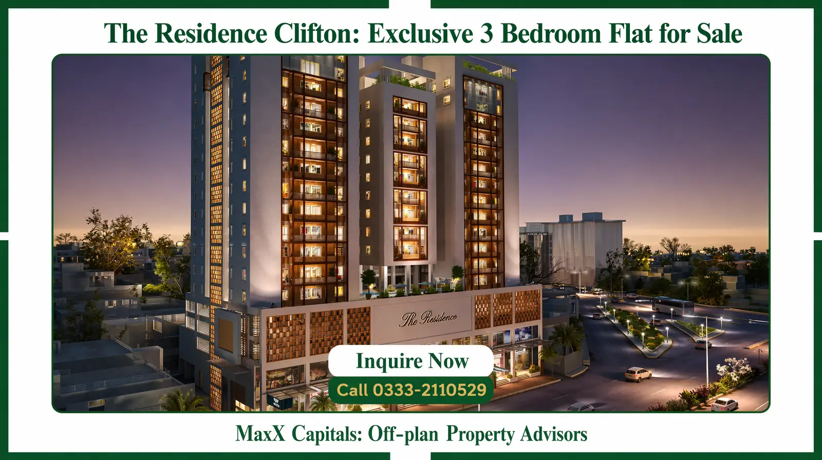 The Residence Tower 3-Bed Luxury Flat for Sale In Clifton Block 8 (3) The Residence Tower in Clifton, luxury apartment facade at dusk, MaxX Capitals