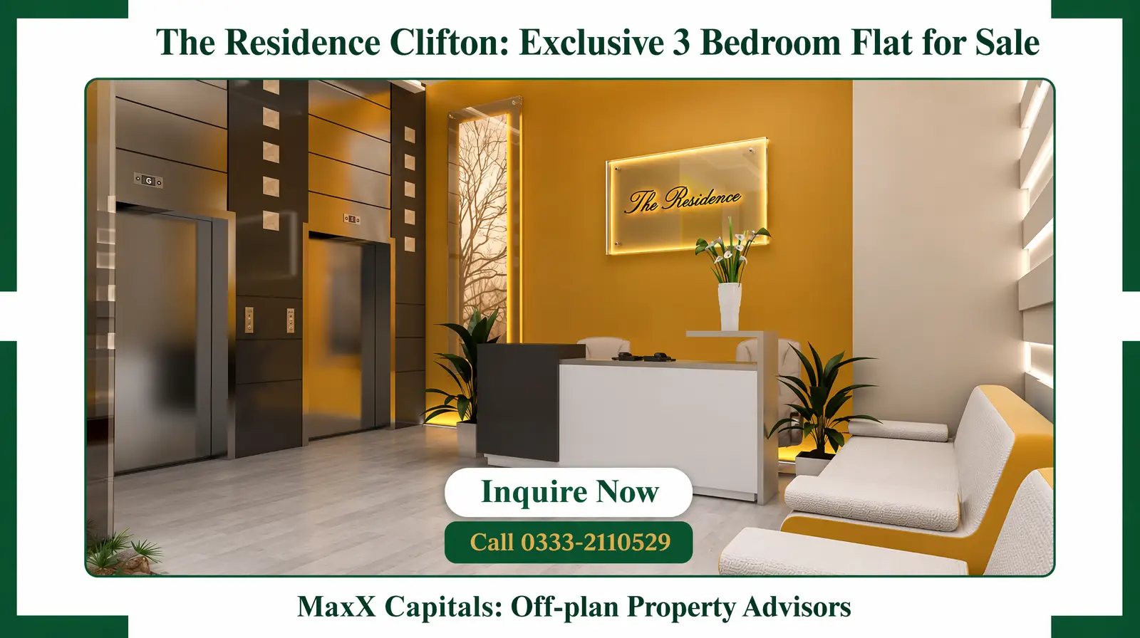The Residence Tower 3-Bed Luxury Flat for Sale In Clifton Block 8 (4) MaxX Capitals lobby at The Residence Tower, Clifton with reception desk, elevators, and seating area