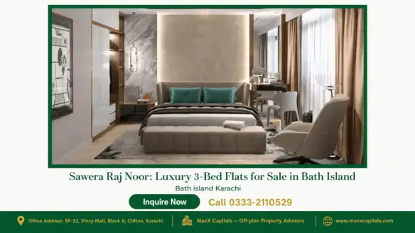 Luxurious bedroom interior in Sawera Raj Noor 3-bed flat with modern furniture, marble wall accents, and floor-to-ceiling cur