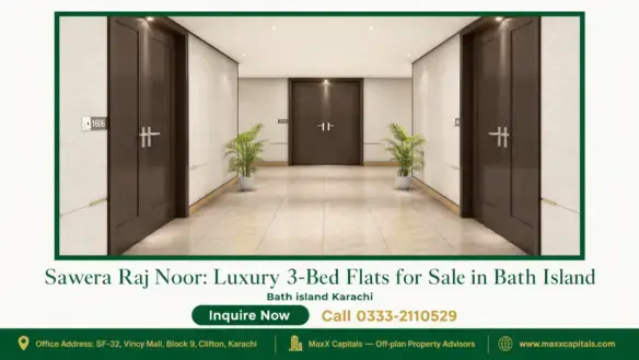 Spacious corridor with wooden apartment doors and modern lighting in Sawera Raj Noor, Bath Island residential building.