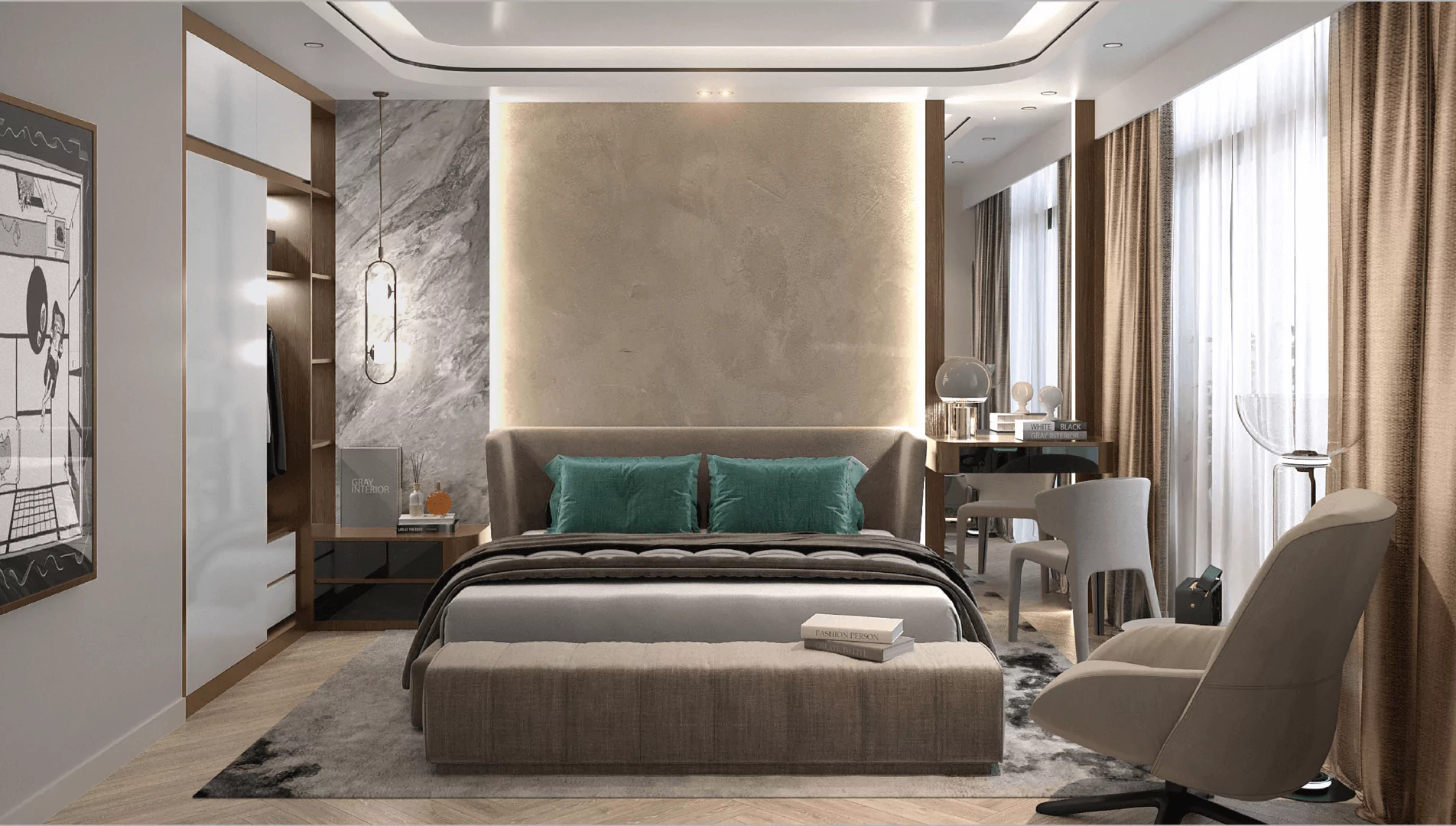 Sawera Raj Noor Luxury 3-Bed Flats for Sale in Bath Island Clifton (2) Luxury master bedroom in Sawera Raj Noor 3-bed flat Bath Island with king bed marble wall wardrobe desk large windows