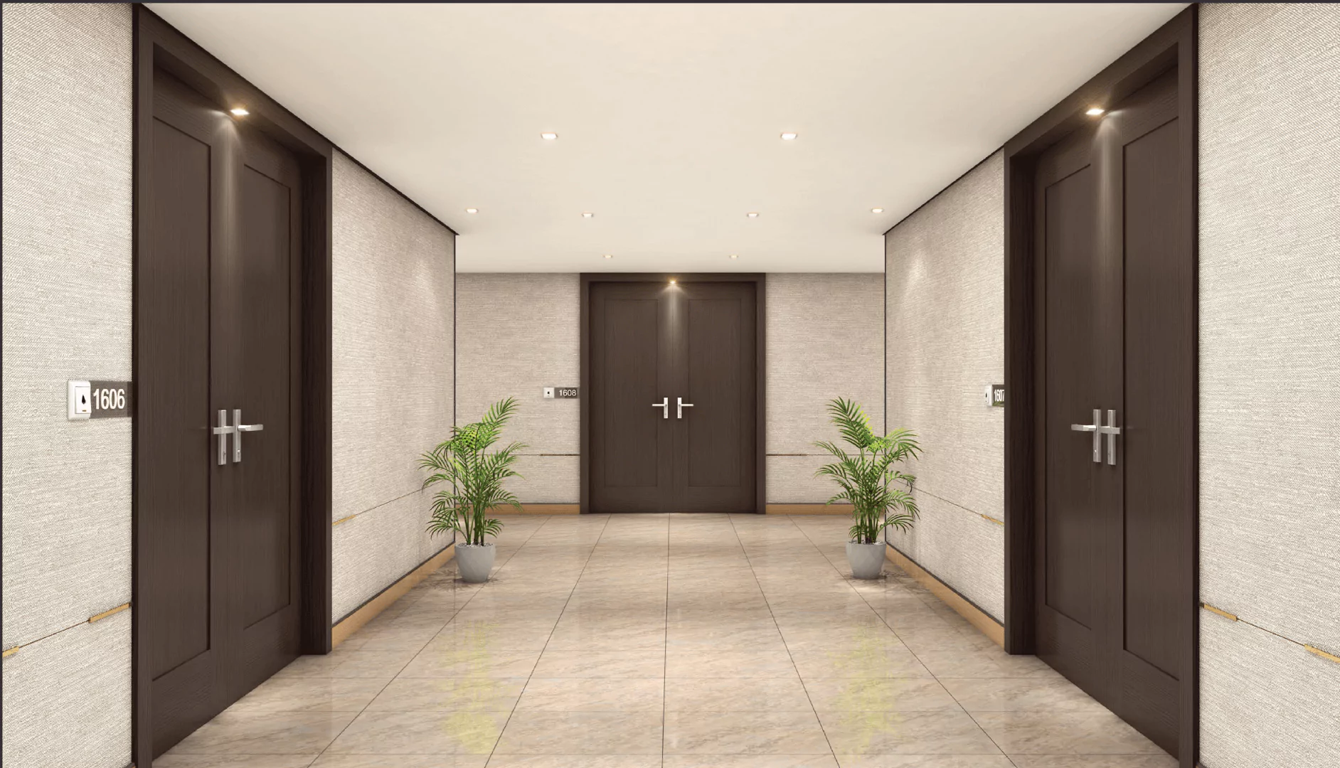 Sawera Raj Noor Luxury 3-Bed Flats for Sale in Bath Island Clifton (3) Elegant corridor in Sawera Raj Noor, Bath Island with dark wooden doors, beige walls, potted plants, room 116, and tiled floo