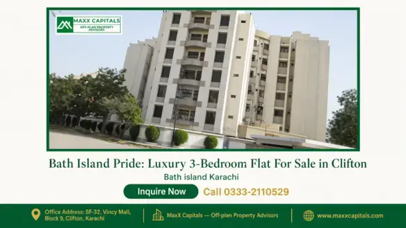 Elegant mid-rise apartment building with contemporary architecture in Bath Island, Karachi, surrounded by greenery.