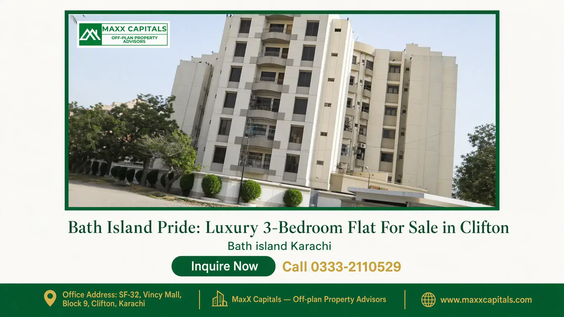 Bath Island Pride: Luxury 3-Bedroom Flat For Sale in Clifton Elegant mid-rise apartment building with contemporary architecture in Bath Island, Karachi, surrounded by greenery.