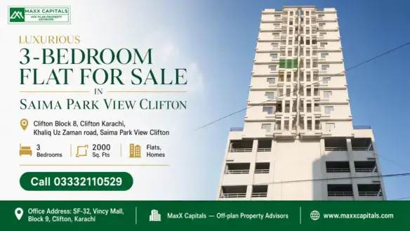 Modern High-Rise Residential Building In Saima Park View Clifton Under Clear Blue Skies, Featuring Spacious Balconies.