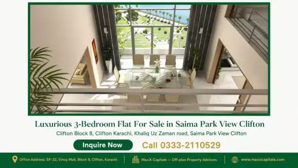 A double-height dining room with a glass table, modern decor, and a panoramic view of lush gardens at Saima Park View Clifton