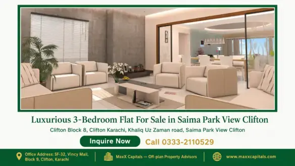 Spacious living room with modern furniture, natural light, and elegant decor in Saima Park View Clifton apartment.