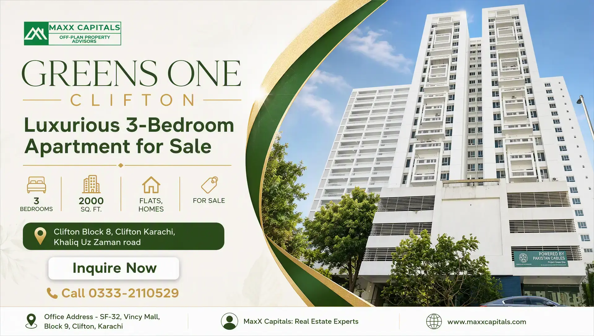 Greens One Clifton: Luxurious 3-Bedroom Apartment for Sale Greens One Clifton high-rise towers in Clifton Karachi with modern white facade and balconies