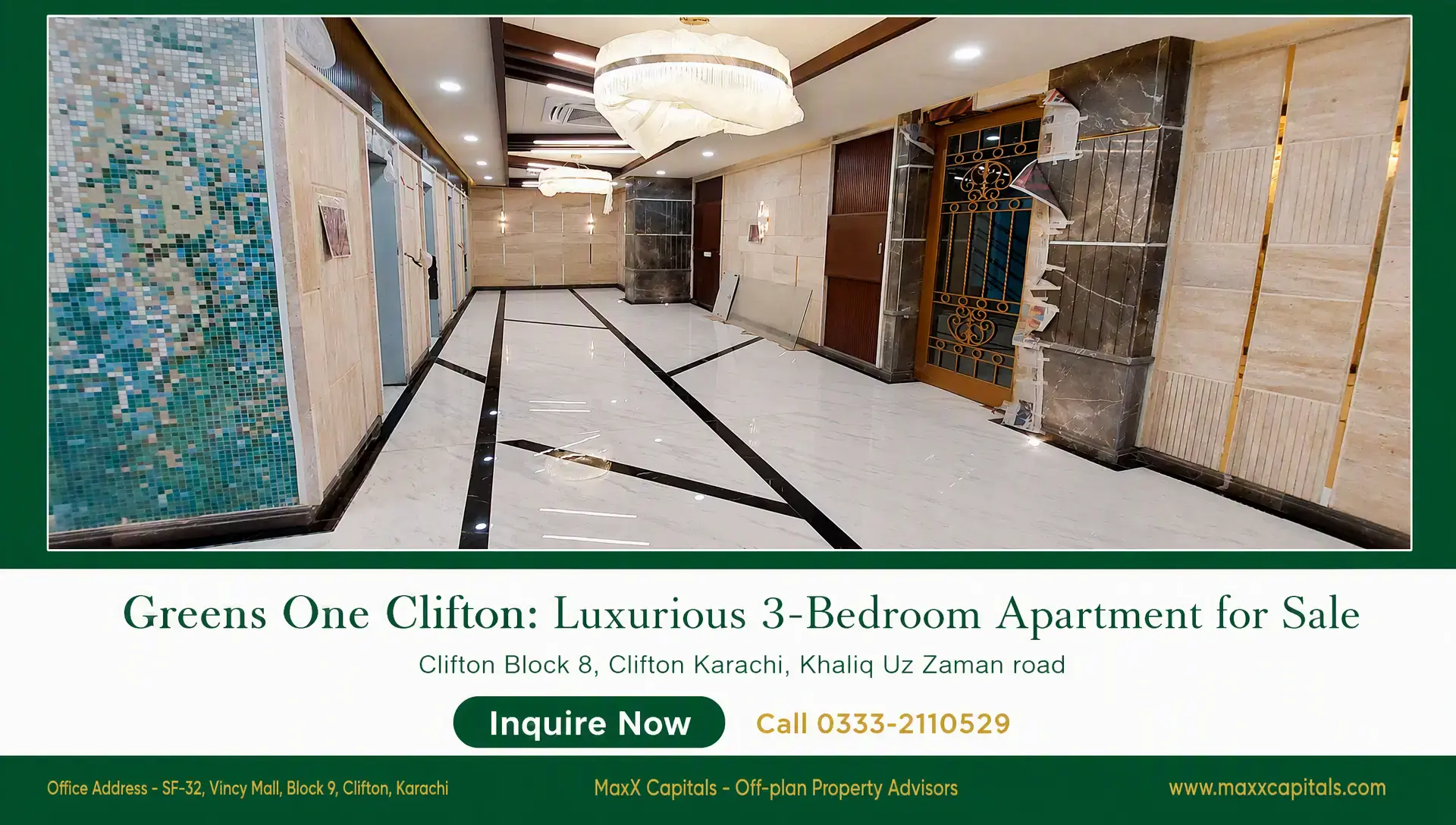 Greens One Clifton: Luxurious 3-Bedroom Apartment for Sale Greens One Clifton lobby with marble flooring, recessed lighting, decorative wall finishes, and ornate elevator doors