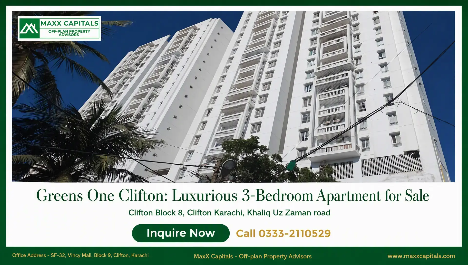Greens One Clifton: Luxurious 3-Bedroom Apartment for Sale Greens One Clifton high-rise apartment towers with balconies and white façade against a clear blue sky