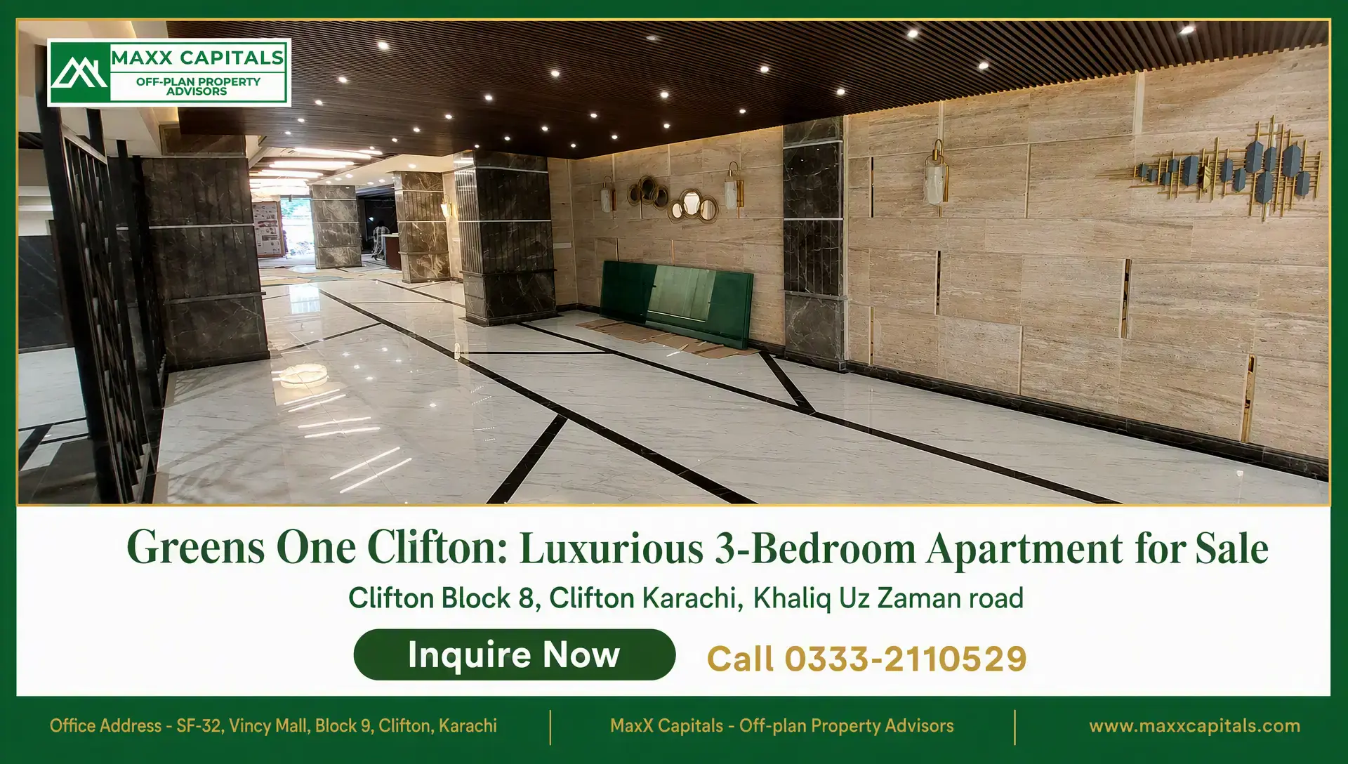 Greens One Clifton: Luxurious 3-Bedroom Apartment for Sale Greens One Clifton lobby with marble floors, stone walls, recessed lighting and decorative gold wall accents