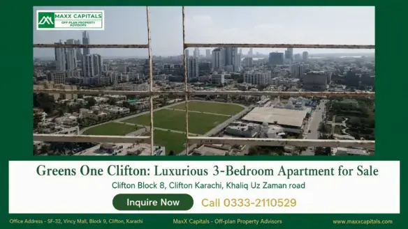 Greens One Clifton city view through balcony grille with open green field and Karachi skyline