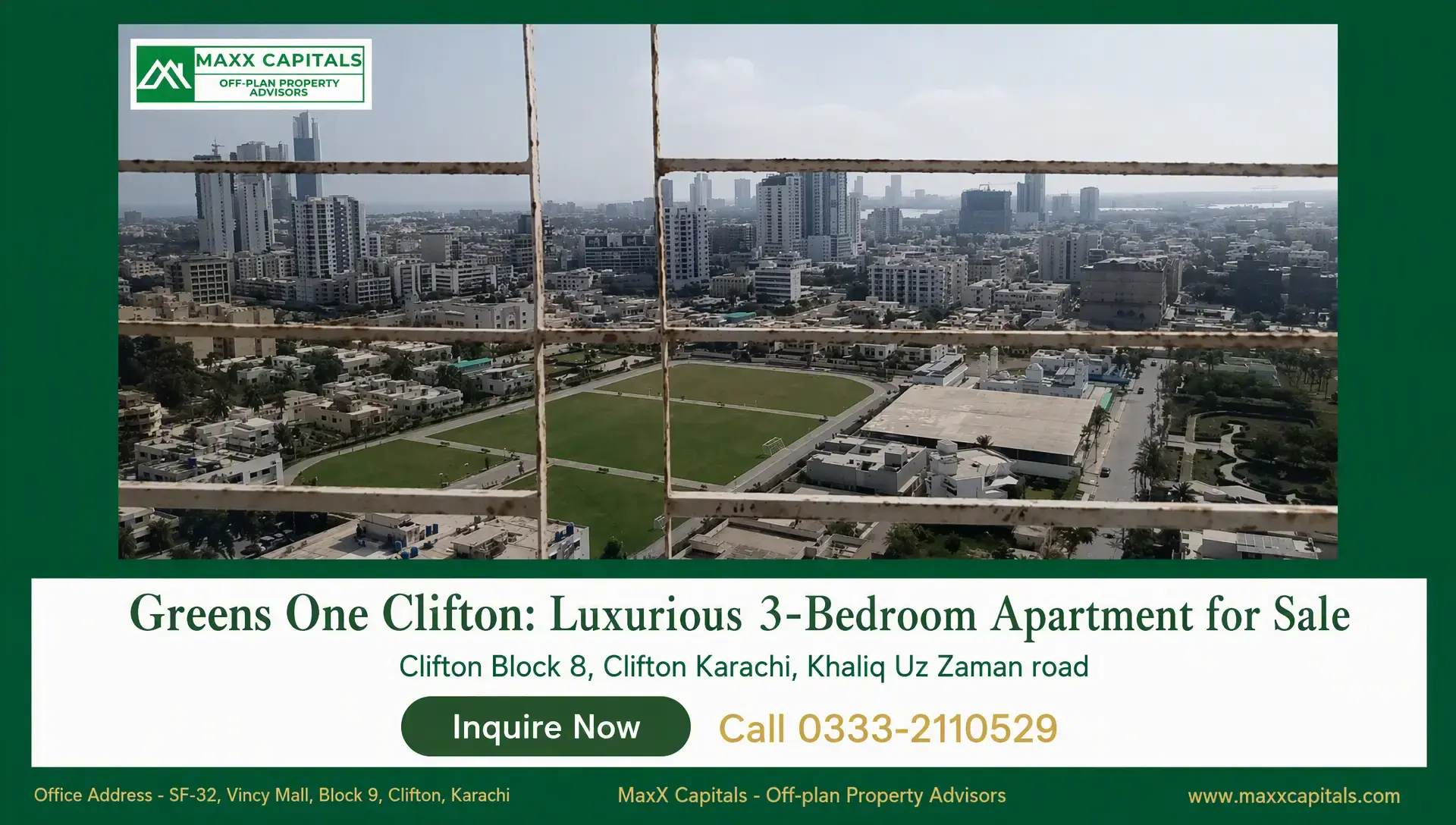 Greens One Clifton: Luxurious 3-Bedroom Apartment for Sale Greens One Clifton city view through balcony grille with open green field and Karachi skyline