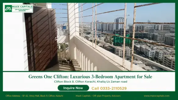 Greens One Clifton balcony with metal railing and city skyline views in the distance