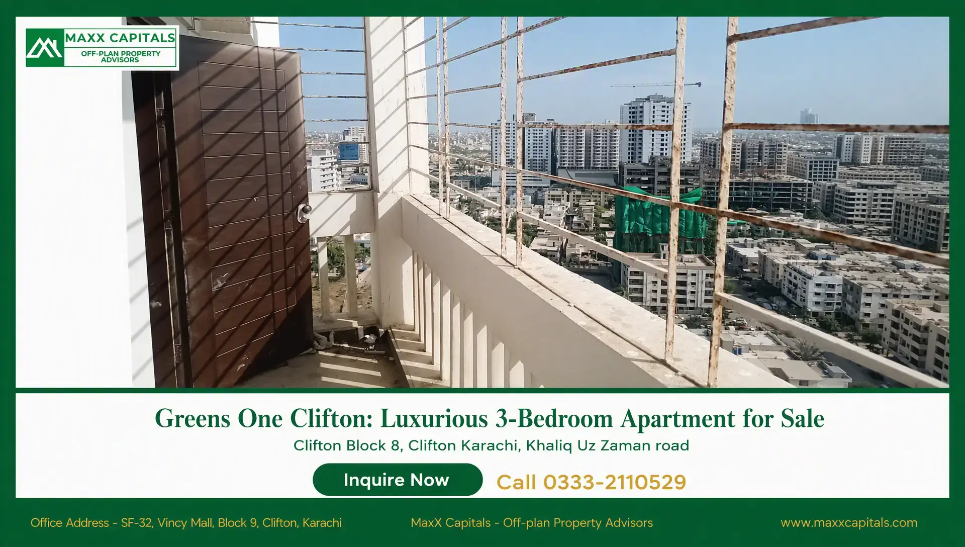 Greens One Clifton: Luxurious 3-Bedroom Apartment for Sale Greens One Clifton balcony with metal railing and city skyline views in the distance